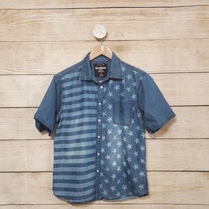 💘 Hollywood Jean People Denim Blue Stars & Strips Collar Button Down Shirt